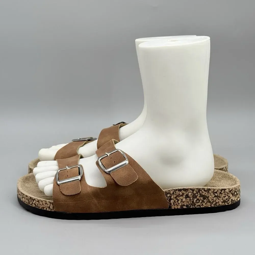 Alpine Swiss Mens Brown Double Strap Cork Sandals Slides Size 10